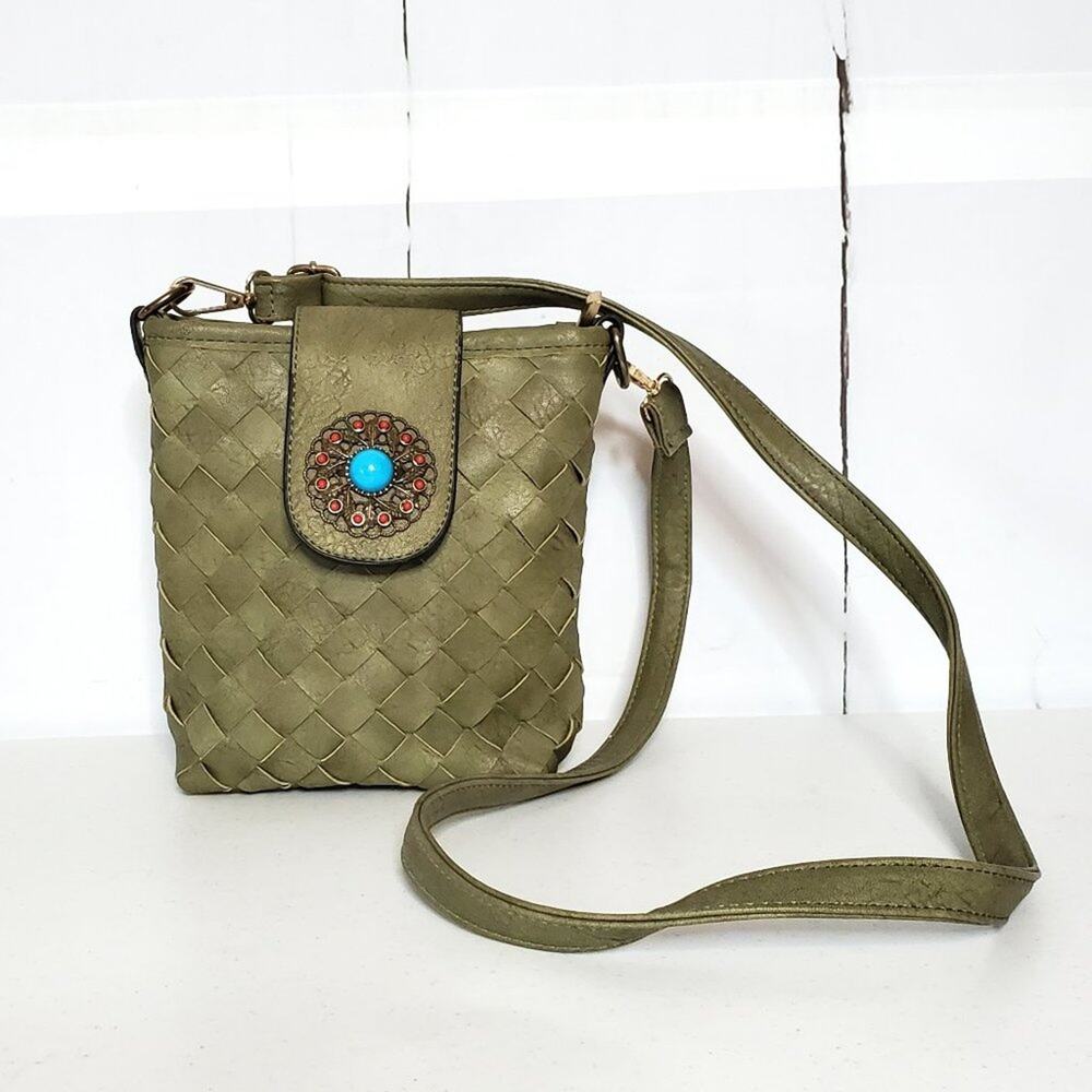 Vintage Boho Olive Green Turquoise Medallion Woven Festival Crossbody Bag